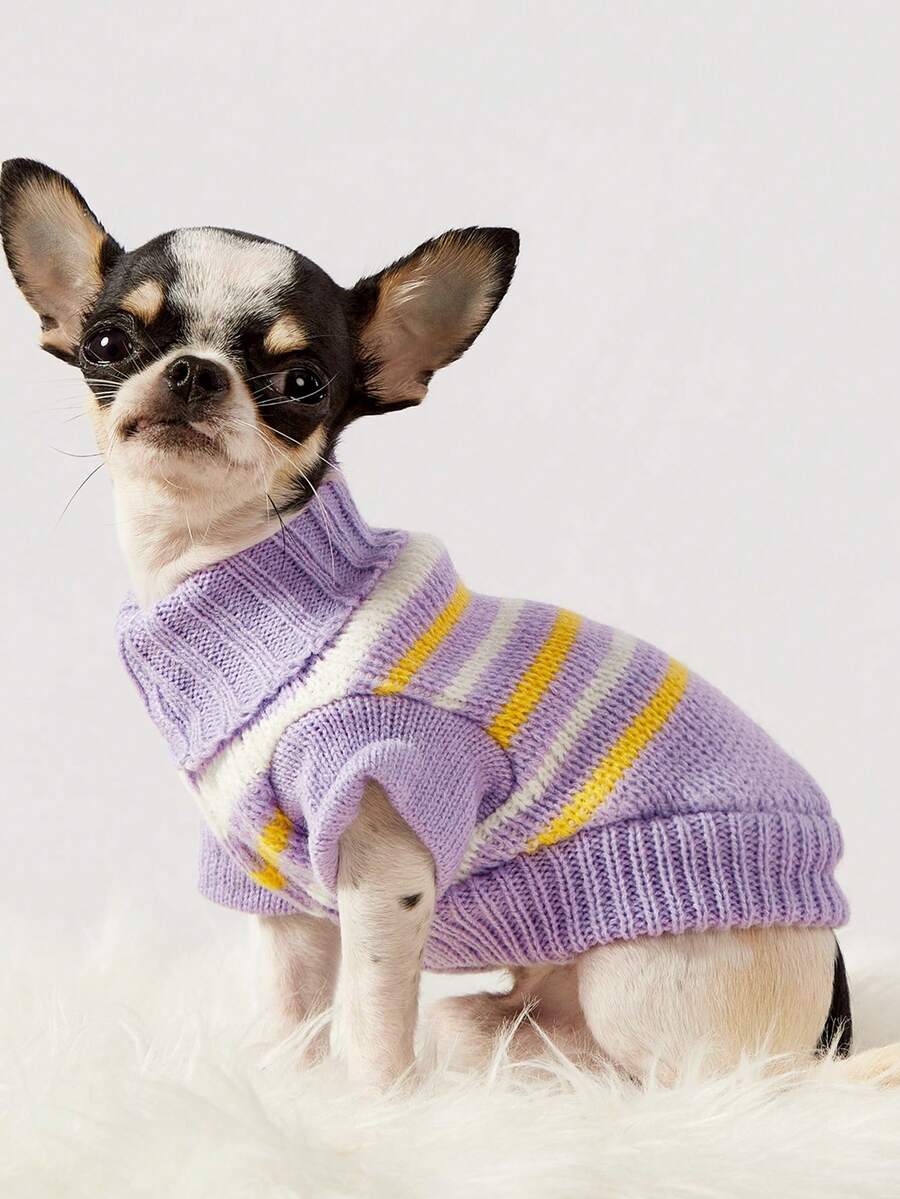 PETSIN 1pc Purple Striped Cute Pet Sweater Holiday Autumn/Winter Thick Warm Casual Pet Clothes - Mauve Purple - View 1
