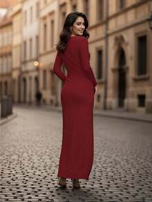Vestido Ajustado de Escote V Profundo con Detalle Cruzado Inferior y Abertura en la Pierna Para Mujer - Rojo violeta - Ver 3