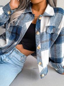 Chamarra ligera para Mujer, Chaqueta De Cuadros De Manga Larga Para Mujer,Chamarra Corta De Pana Da Dama,Chaquetas De Chamarra De Un Solo Botonadura,Cómoda y Cálida Chaqueta Clásica A Cuadros - Azul - Ver 4