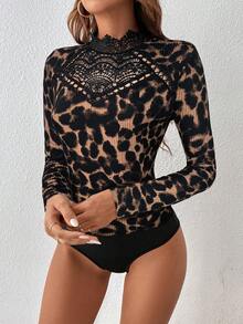 SHEIN Frenchy 女士撞色蕾丝豹纹立领长袖连体衣 - 黑色 - 查看 5