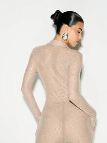 KIZN Rhinestone Embellished Long Sleeve Collared Bodysuit With Button Front Closure And Sparkly Crystal Details - Brown - View 2