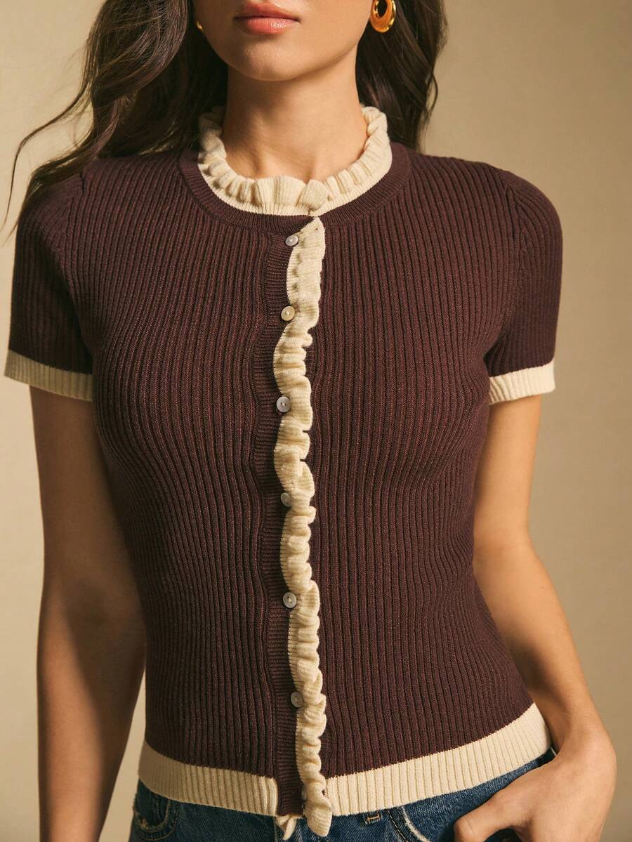 Poéselle Áo khoác cardigan dệt kim gân sọc cài nút phía trước viền tương phản dành cho nữ, áo len nữ màu nâu sô cô la, áo dệt kim mùa xuân dành cho nữ. - màu nâu - Xem 1