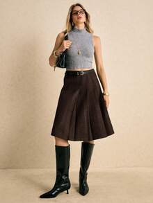 Poéselle 女士复古纯色褶裥A字中长裙 - 咖啡棕 - 查看 1