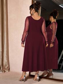 Cravure 大码女士奢华派对礼服，甜心领口透视闪亮长袖修身连衣裙，秋冬款 - 酒紅色 - 查看 2