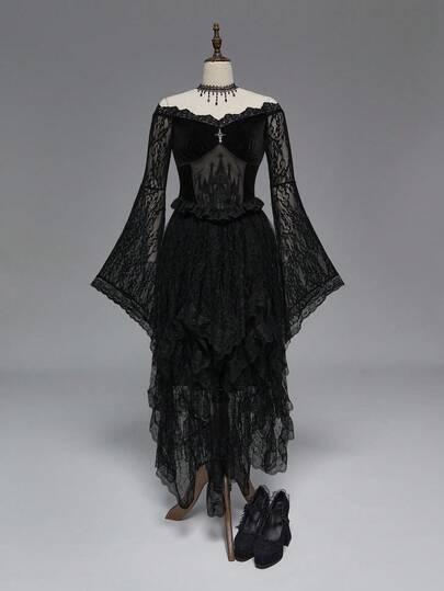 EDITION Gothic Vintage Ornate Church Architecture Cross Lace Flare Sleeve Plus Size Velvet Blouse, Autumn/Winter Plus Size Women Elegant Retro Palace Top