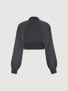 SHEIN MOD Set Atasan Tube Rajut Minimalis Bergaris Abu-abu Gelap dengan Warna Kontras dan Kardigan Pendek, Set Sweater Rajut Dua Potong Nyaman untuk Musim Gugur dan Sehari-hari - Grey - View 9