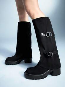 Sugerpunk Women's Fashion Versatile Commute Chunky Heel Knee-High Boots For Christmas - Black - View 4