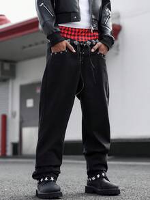 Manfinity Roghcode Personalized Double Waistband Drawstring Contrast Star Print Black Jeans Emo Pants Goth Pants Punk Pants Men Goth Sweatpants - Black - View 3