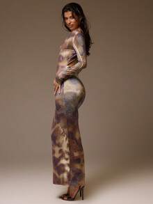 MUSERA 深V领前开襟串珠后背流苏印花修身长袖连衣裙，适合秋冬季夜间外出、春夏季度假、毕业典礼等场合，优雅性感。 - 彩色 - 查看 3