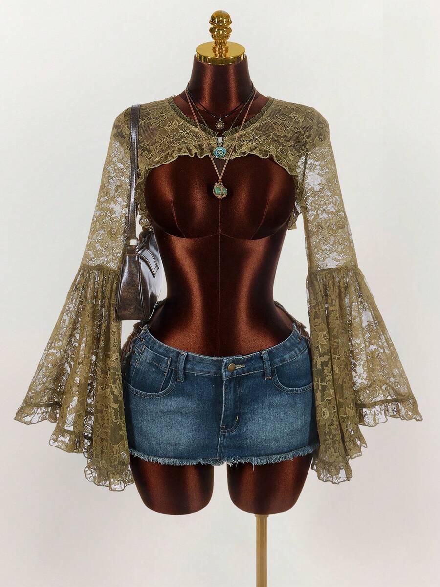 Amplova Áo croptop nữ phong cách Y2K lãng mạn cổ điển, chất liệu ren xuyên thấu, thắt nơ phía trước, tay loe, kiểu boho, tay chuông, áo hippie, áo boho cho nữ, thích hợp mặc dịp Giáng sinh và năm mới. - Nhiều màu - Xem 1