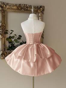 Lovelzi Váy xòe hai lớp bằng vải satin trắng bóng, sang trọng, thanh lịch, quý phái, không dây, thắt eo, thích hợp cho tiệc độc thân, đám cưới, tốt nghiệp, kỳ nghỉ, dạ tiệc - Rượu sâm banh - Xem 2