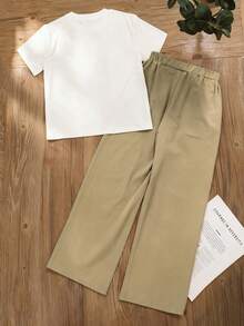 Conjunto de 2 piezas de top con lazo de strass y pantalones con lazo a rayas para niñas, moda callejera - Caqui - Ver 2