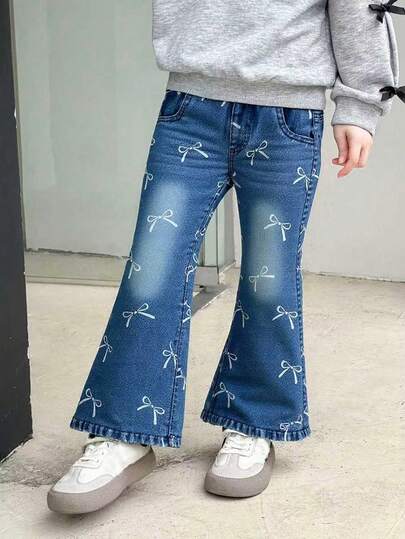 Playful Pals 1pc Vintage Cute Bow Print Washed Denim Jeans For Young Girls, Elastic Waist Flare Leg Loose Casual Pants, Striped Blue Color, Suitable For Spring & Autumn Everyday Wear
