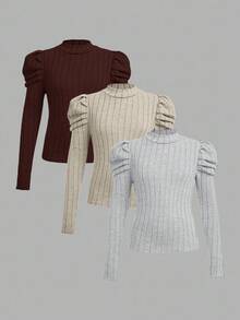 SHEIN 2pcs/Set Tween Girl Slim Fit Casual Mock Neck Raglan Sleeve Ribbed T-Shirts, Girls Ribbed Set, Girls Long Sleeve Tops, Solid Color Tops Tween Girl - Brown - View 8