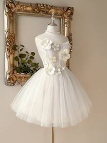 Lovelzi Elegant And Luxurious White Sequined Embroidered Mesh Dress, Handmade Three-Dimensional Flower Pearl Embellishments, Sailboat Neckline With Multiple Boning, Slim A-Line Silhouette, Short Style, Suitable For Weddings, Bridal Gowns, Formal Occasions, And Gift Parties (Heavy-Work Design). - White - View 8