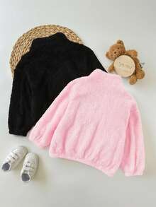 SHEIN Young Girl Letter Applique Long Sleeve Zip-Up Fleece Jacket, Autumn/Winter  Fashion - Black - View 2