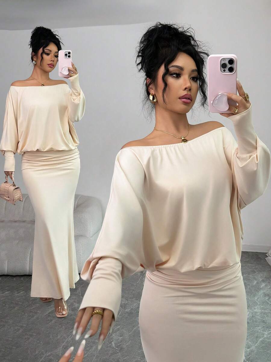 Elenzga Đầm Maxi Dài Tay Hở Vai Dáng Rộng, Eo Thon, Viền Đuôi Cá, Màu Trơn, Thanh Lịch, Thời Trang, Thoải Mái, Quyến Rũ, Phong Cách Retro Tối Giản Cao Cấp Lãng Mạn Cho Nữ - Màu be - Xem 1