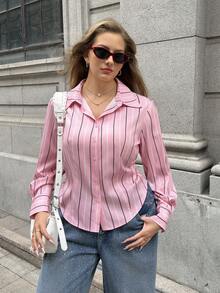 SHEIN EZwear 大码女式条纹长袖单排扣休闲/工作衬衫 - 粉色 - 查看 5