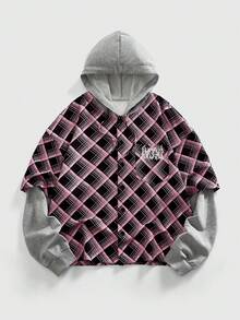 ROMWE MEN Prep Men's Hooded 2 In 1 Single-Breasted Plaid Drawstring Casual Sweatshirt - Burgundy - View 1