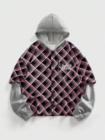 Street Life Men's Hooded 2 In 1 Single-Breasted Plaid Drawstring Casual Sweatshirt