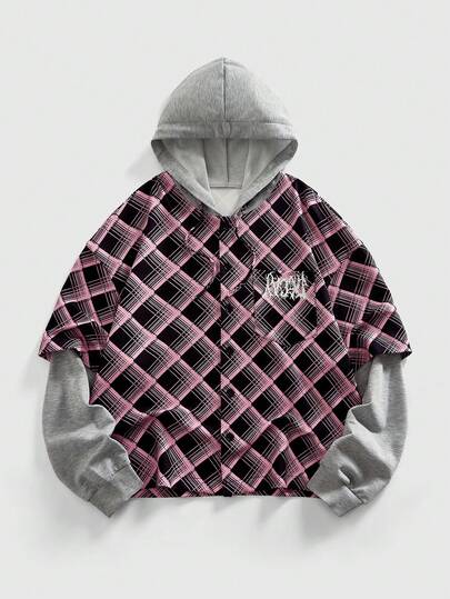 Street Life بلوزة رياضية كاجوال للرجال بقلنسوة وسحاب، بتصميم أحادي الصدر مع رسومات مربعات