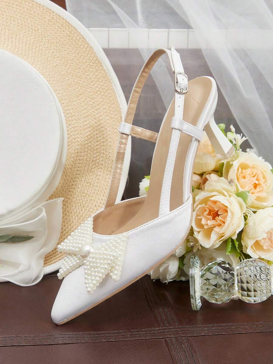 CUCCOO HITCHD Women's Pink Lace Pointed Toe Backless Pearl Bow Net Mesh High Heel Shoes For Christmas - White - View 1