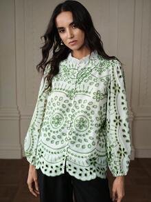 BELROSIE New Autumn French Style Casual Blouse With Intricate Embroidery, Hollow-Out Design, And Pleated Ruffle Detail, Long Sleeve - Green - View 3