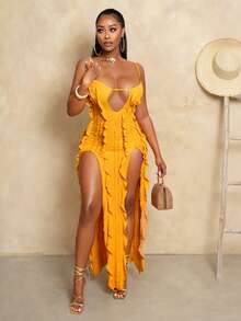 BamGleam Women's Vacation Solid Color Ruffle Hem Split High Low Cami Dress - Yellow - View 4