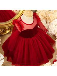 优雅酒红色天鹅绒网纱拼接长袖连衣裙，适合女婴 - 酒紅色 - 查看 5