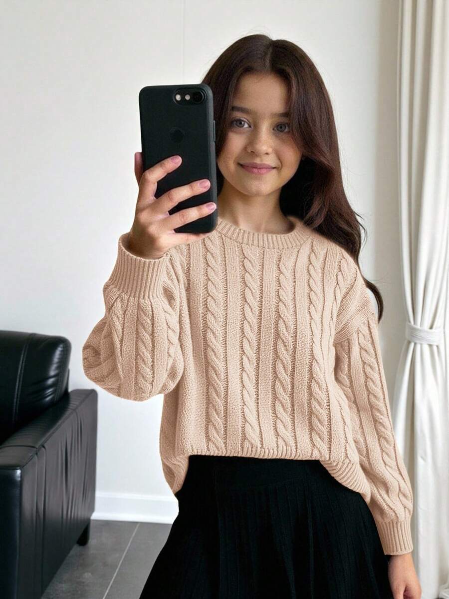 SHEIN 少女休闲纯色落肩宽松纹理针织短款毛衣,秋冬针织衫,美拉德染色 - 杏色 - 查看 1