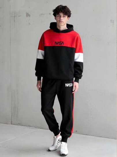 Vacaura 2 st/set tonårspojkars långärmade huvtröja, kontrastfärgade ärmar, minimalistisk bokstavstryckdesign, matchande joggingbyxor, lämplig för vardags- och sportkläder