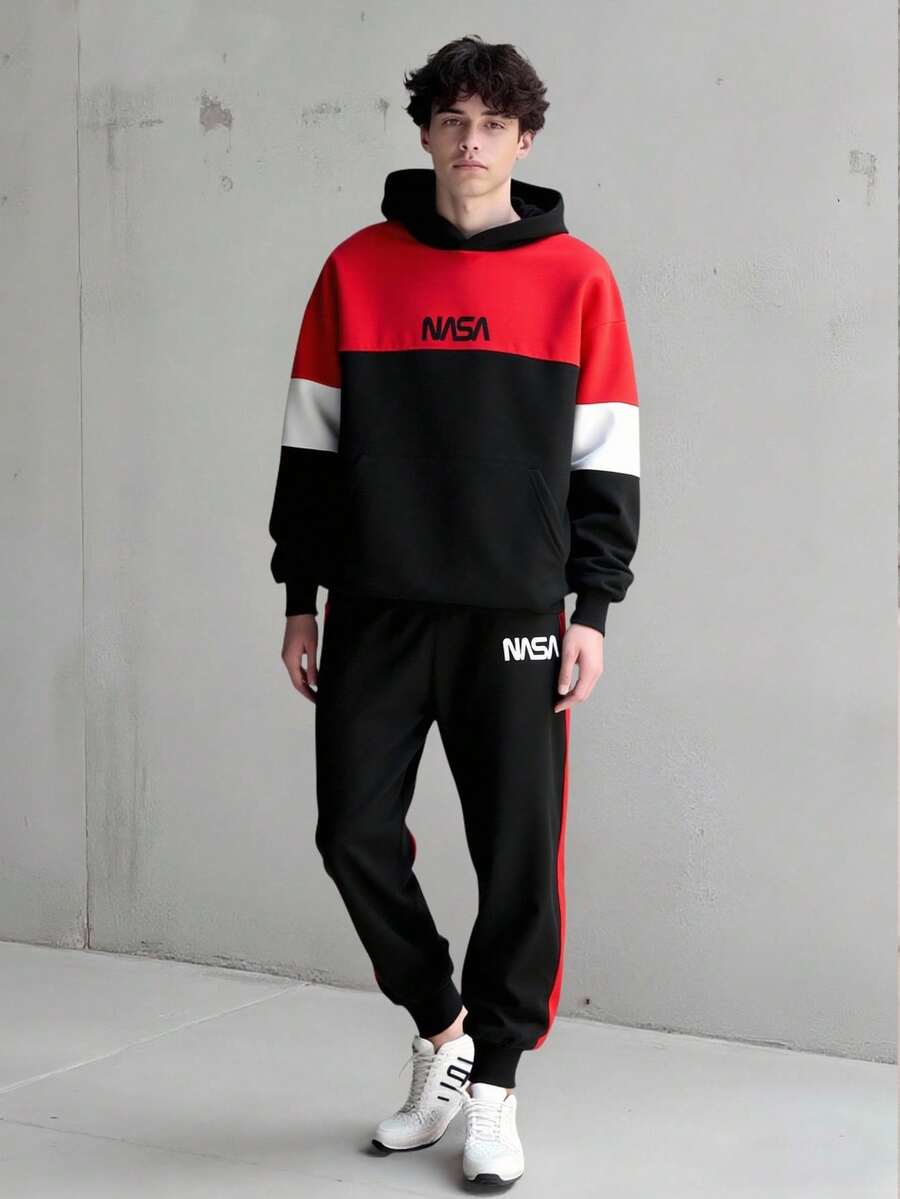 Vacaura 2 件套青少年男童休闲长袖连帽卫衣，撞色袖子，简约字母印花设计，搭配慢跑裤，适合休闲运动穿着 - 黑色 - 查看 1