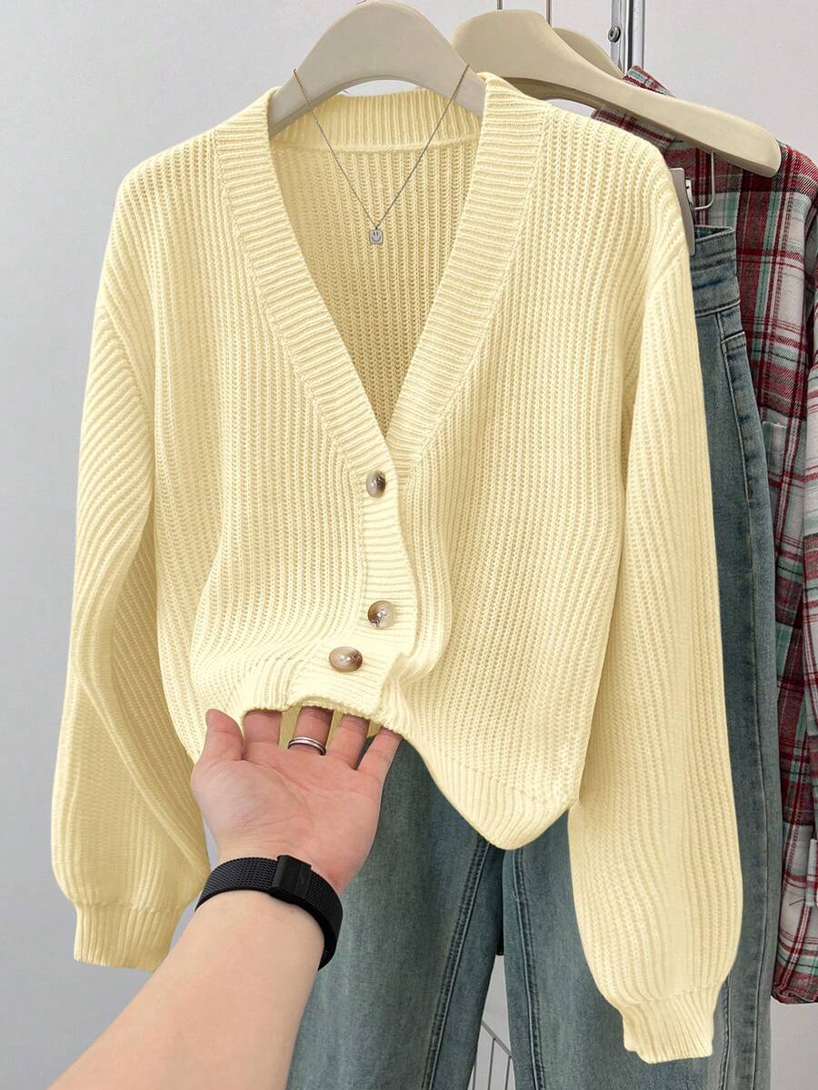 SHEIN 少女纯色V领短款休闲宽松落肩长袖开衫毛衣,秋季款 - 黃色 - 查看 1