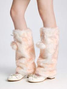 ROMWE Fairycore 1双可爱毛绒小鹿图案腿套，Y2K风格毛绒球加厚超大腿套，时尚修身，适合日常、秋冬季、节日和派对穿着 - 彩色 - 查看 4