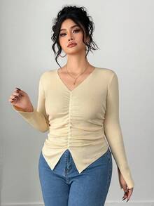 Dazy Plus Áo len chui đầu tay dài họa tiết hoa 3D bó sát xếp ly màu trơn, mùa xuân/hè/thu - Màu be - Xem 5