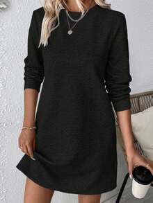 EMERY ROSE Plus Size Women Casual Textured Solid Color Long Sleeve Dress, Autumn/Winter - Black - View 1
