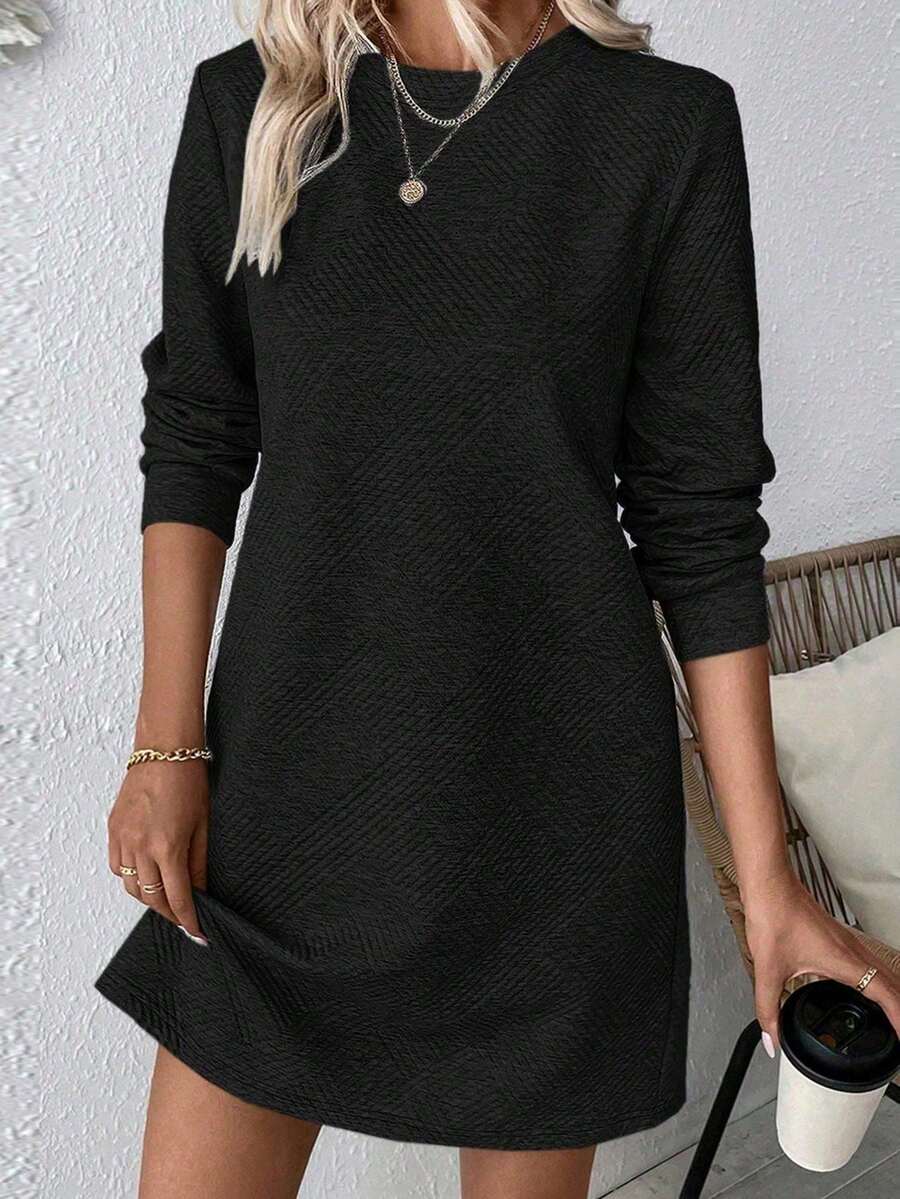 EMERY ROSE Plus Size Women Casual Textured Solid Color Long Sleeve Dress, Autumn/Winter - Black - View 1