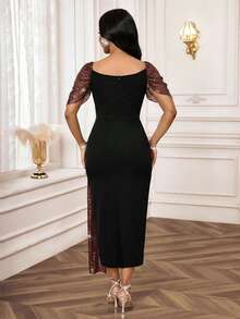 SHEIN Lady Đầm ôm thanh lịch cổ tim đính sequin màu tương phản dành cho nữ, thiết kế viền xẻ tà bên hông - Nhiều màu - Xem 2