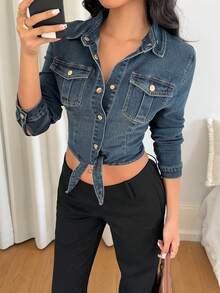 SHEIN PETITE 女士秋季时尚前扣系腰牛仔衬衫 - 深色水洗藍 - 查看 1