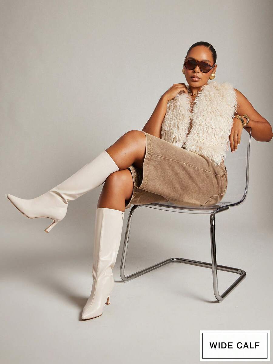 SHUZIA Women's Wide-Calf Sexy Point Toe Comfortable Zip-On Stiletto Heel Faux Suede Mid-Calf Boots For Christmas - White - View 1