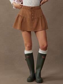 WESTFADE 抽绳腰带纽扣前开襟西部风格A字迷你灯芯绒裙，适合秋季、冬季、圣诞节、节日、新年、波西米亚风、休闲、西部服饰 - 卡其色 - 查看 2