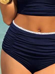 Swim Lushoire 女士夏季度假休闲沙滩装纯色可调节肩带比基尼两件套泳衣 - 藏蓝色 - 查看 3