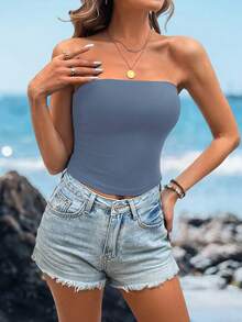 Sylviya 女士纯色休闲露肩抹胸，紧身运动休闲短款蓝色上衣，适合夏季