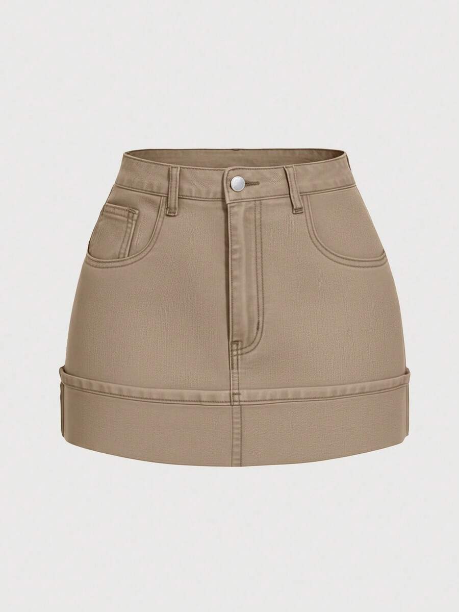SHEIN MOD Chân váy denim mini túi xéo màu trơn đơn giản dành cho nữ, mùa hè - Màu Khaki - Xem 1