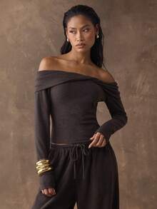 SHEIN BAE Áo trễ vai màu trơn thắt nút xoắn dành cho nữ, thích hợp khi đi làm - Cà phê nâu - Xem 3