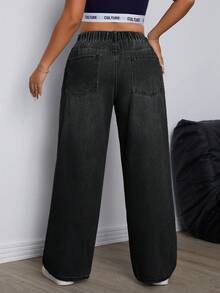 SHEIN ICON Plus Size Women Vintage Washed Denim Jeans, Autumn/Winter - Dark Grey - View 2