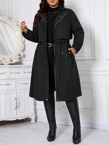 SHEIN CURVE+ 大码女式休闲拉链连帽抽绳腰长袖羊毛夹克，保暖，2025 年新款，舒适防风 - 黑色 - 查看 8