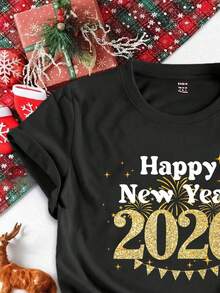 SHEIN EZwear 休闲简约风2026新年快乐标语仿箔印花宽松圆领短袖女式T恤，适合节日、新年、跨年派对等场合。 - 黑色 - 查看 3