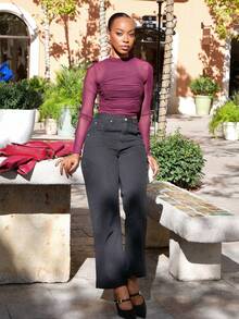 Yess Loren Mock Neck Ruched Mesh Perspective Crop Top Without Bra - Burgundy - View 4
