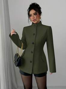 Selianne 女士优雅保暖立领长袖收腰开衫，秋冬款 - 軍綠色 - 查看 3